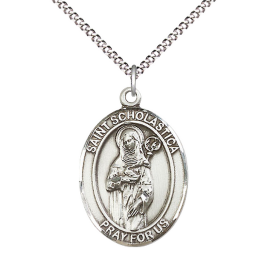Women's .925 Sterling Silver Saint St. Scholastica Medal Pendant on 18 Inch Rhodium Plated Lite Curb Brass Chain w/ Lobster Claw Clasp, Catholic Religious Necklace - Made in USA- Deluxe Velvet Gift Box