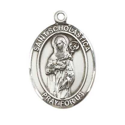 Saint St. Scholastica Medal Necklace – 24 Inch Endless Light Endless Rhodium Plated Chain – Patron Saint St. of Nuns & Storms – Elegant Catholic Religious Jewelry in Velvet Gift Box