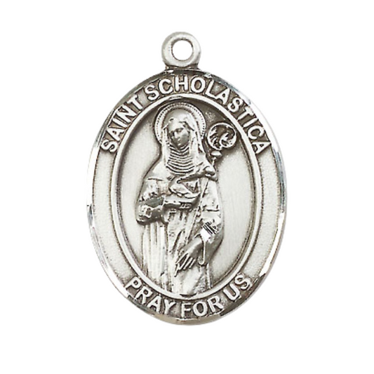 Mens .925 Sterling Silver Saint St. Scholastica Medal Pendant on 24 Inch Rhodium Plated Heavy Curb Brass Chain with Lobster Claw clasp, Catholic Religious Necklace - Made in USA- Velvet Gift Box