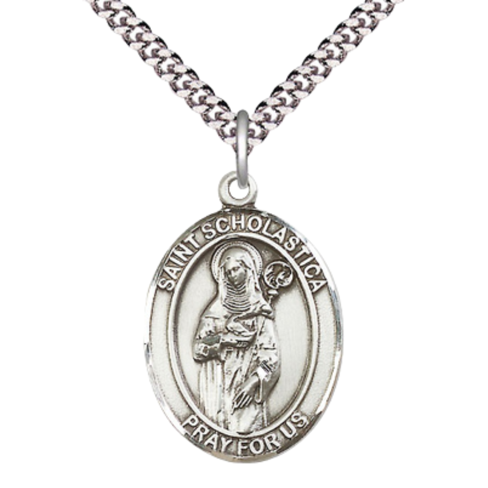 Saint St. Scholastica Men's Medal Necklace – 24 Inch Endless Light Rhodium Plated Heavy Curb Chain – Patron Saint St. of Nuns & Storms – Elegant Catholic Religious Jewelry in Velvet Gift Box