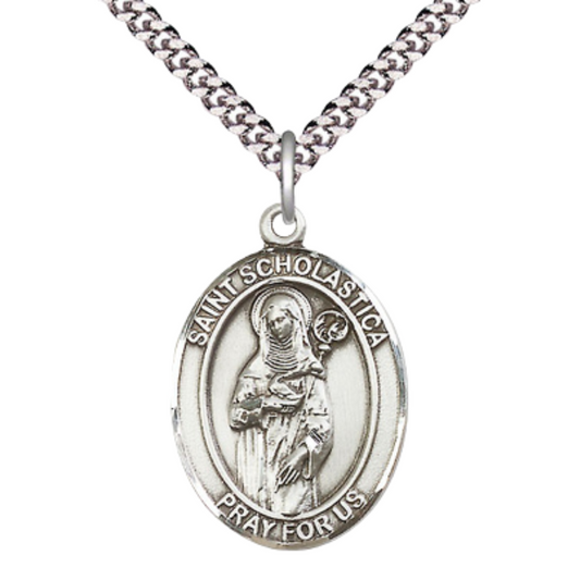 Saint St. Scholastica Men's Medal Necklace – 24 Inch Endless Light Rhodium Plated Heavy Curb Chain – Patron Saint St. of Nuns & Storms – Elegant Catholic Religious Jewelry in Velvet Gift Box