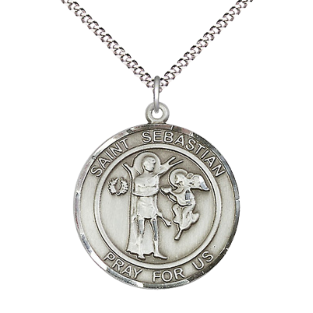 Women's .925 Sterling Silver Saint St. Sebastian Medal Pendant on 18 Inch Rhodium Plated Lite Curb Brass Chain w/ Lobster Claw Clasp, Catholic Religious Necklace - Made in USA- Deluxe Velvet Gift Box