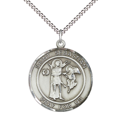 Women's Pewter Saint St. Sebastian Medal Pendant on 18 Inch Rhodium Plated Lite Curb Brass Chain w/Lobster Claw Clasp, Catholic Religious Necklace - Made in USA- Deluxe Velvet Gift Box