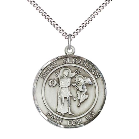 Women's Pewter Saint St. Sebastian Medal Pendant on 18 Inch Rhodium Plated Lite Curb Brass Chain w/Lobster Claw Clasp, Catholic Religious Necklace - Made in USA- Deluxe Velvet Gift Box