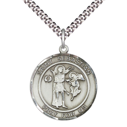 Mens 1 x 7/8" Round Pewter Saint St. Sebastian Medal Pendant on 24 Inch Rhodium Plated Heavy Curb Brass Chain with Lobster Claw clasp, Catholic Religious Necklace - Made in USA- Velvet Gift Box