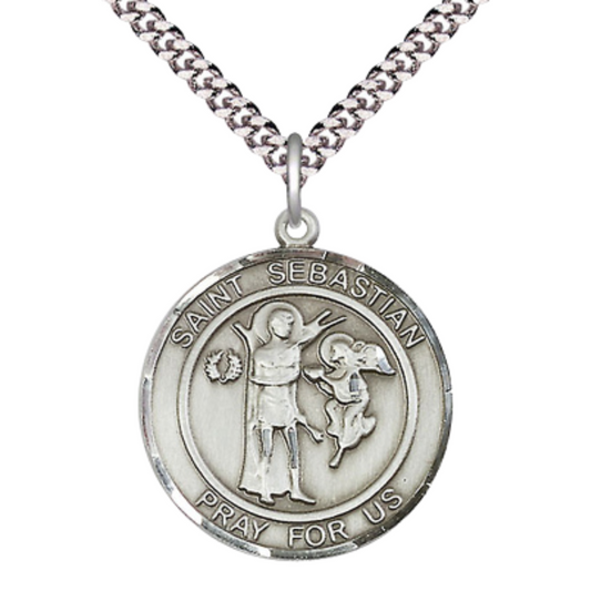 Everlasting Light Jewelry Men's Pewter Saint St. Sebastian Medal Pendant Necklace – 1" x ? – 24 Inch Endless Rhodium Plated Chain – Patron Saint St. of Athletes & Soldiers, Catholic Medal – Velvet Gift Box Included