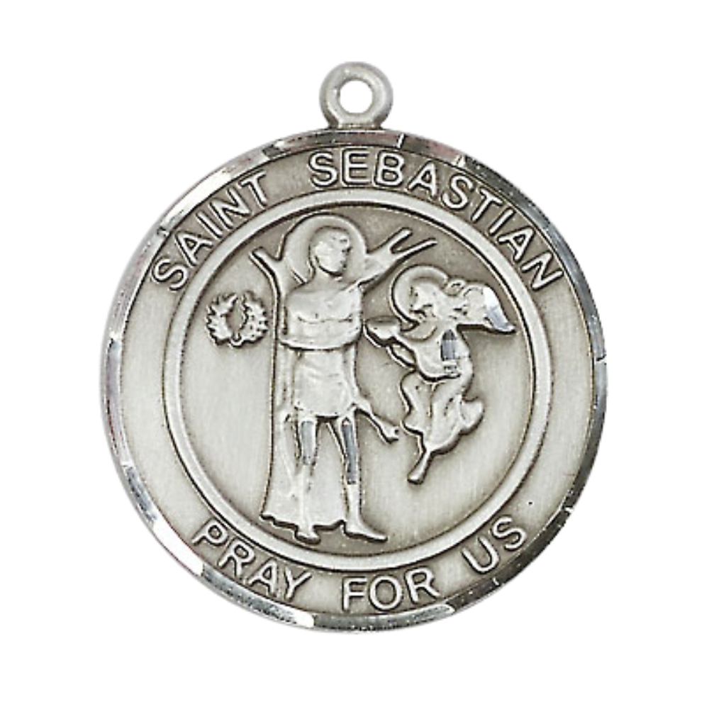Men's Sterling Silver Saint Sebastian Medal Pendant Christian Necklace – 1" x ? – 24" Endless Rhodium Plated Chain – Patron Saint of Athletes & Soldiers – Velvet Gift Box Included