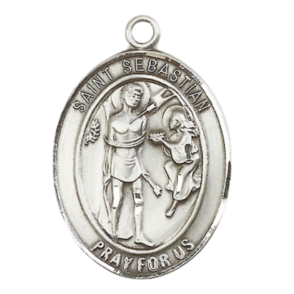 Women's .925 Sterling Silver Saint St. Sebastian Oval Medal, Catholic Medal - Patron Saint. of Athletes & Soldiers – 1" x 3/4" Pendant on 18 Inch Rhodium Plated Light Curb Chain – Velvet Gift Box – Made in USA