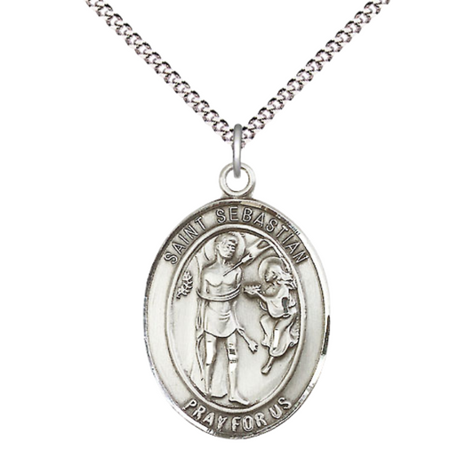 Women's .925 Sterling Silver Saint St. Sebastian Oval Medal, Catholic Medal - Patron Saint. of Athletes & Soldiers – 1" x 3/4" Pendant on 18 Inch Rhodium Plated Light Curb Chain – Velvet Gift Box – Made in USA