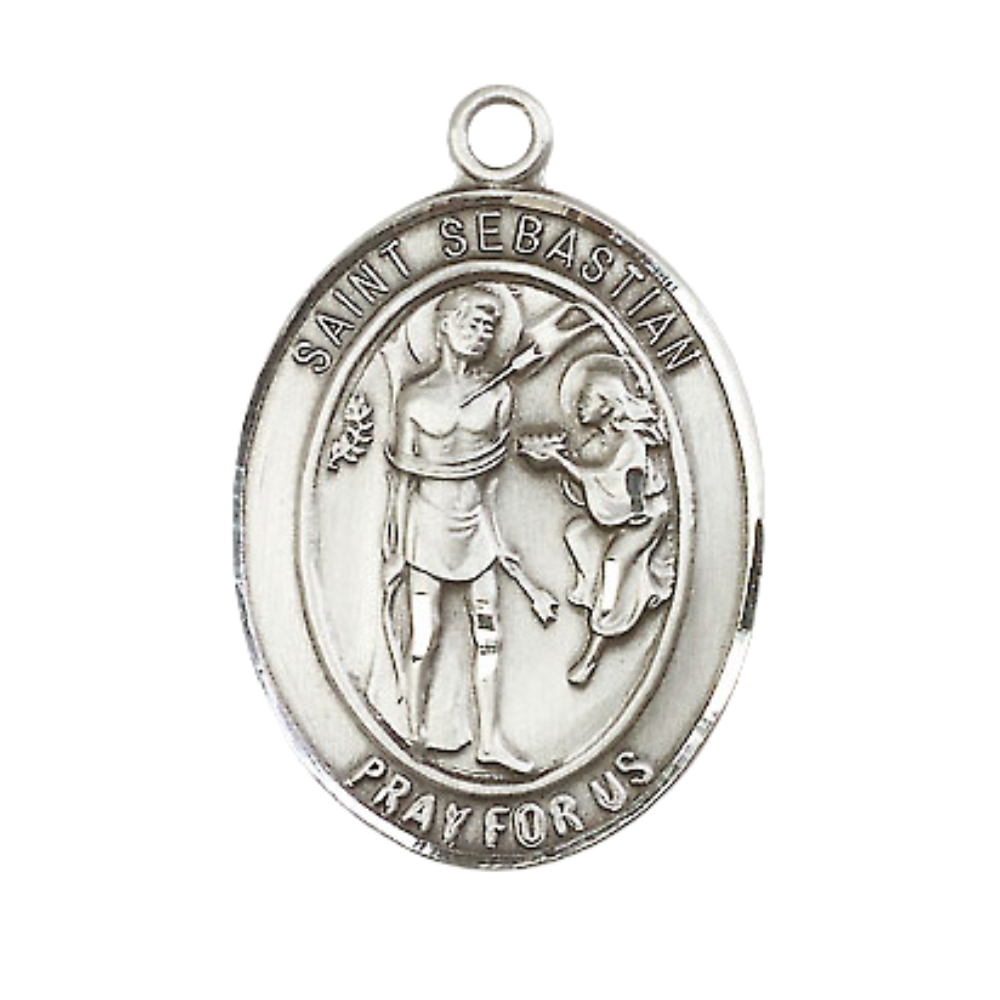 Sterling Silver St. Sebastian Medal – Oval Patron Series with 24” Light Rhodium Heavy Curb Chain