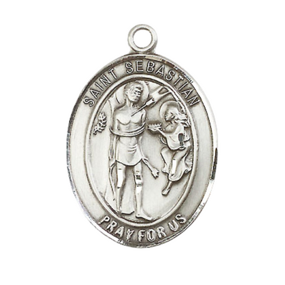 Mens Oval .925 Sterling Silver Saint St. Sebastian Medal Pendant on 24 Inch Rhodium Plated Heavy Curb Brass Chain with Lobster Claw clasp, Catholic Religious Necklace - Made in USA- Velvet Gift Box