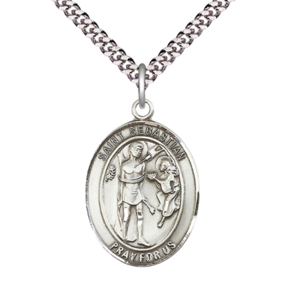 Everlasting Light Jewelry Pewter Saint St. Sebastian Medal Pendant on 24 Inch Endless Rhodium Plated Heavy Curb Brass Chain, Catholic Religious Necklace - Made in USA- Prayer Card Included