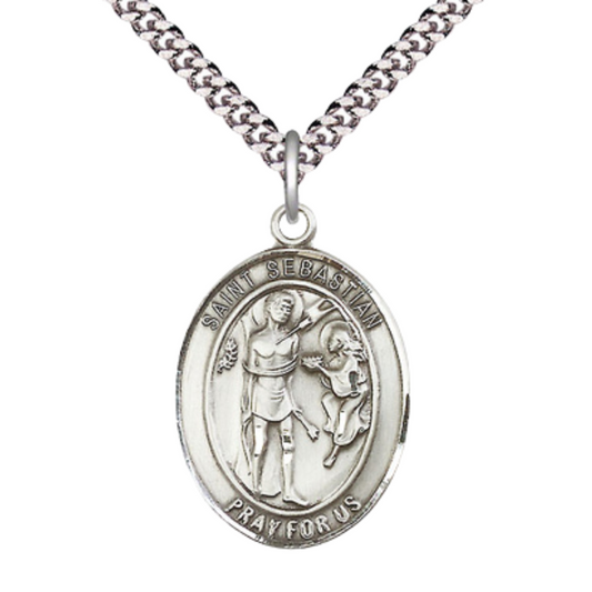 Mens 1 x 3/4" Oval Pewter Saint St. Sebastian Medal Pendant on 24 Inch Rhodium Plated Heavy Curb Brass Chain with Lobster Claw clasp, Catholic Religious Necklace - Made in USA - Deluxe Velvet Gift Box