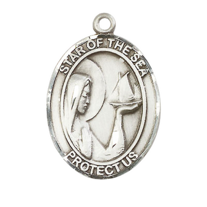 Women's Pewter Our Lady Star of the Sea Medal Pendant on 18 Inch Rhodium Plated Lite Curb Brass Chain w/ Lobster Claw Clasp, Catholic Religious Necklace - Made in USA- Deluxe Velvet Gift Box