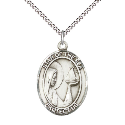 Women's Pewter Our Lady Star of the Sea Medal Pendant on 18 Inch Rhodium Plated Lite Curb Brass Chain w/ Lobster Claw Clasp, Catholic Religious Necklace - Made in USA- Deluxe Velvet Gift Box