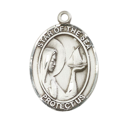 Mens Oval Pewter Our Lady Star of the Sea Medal Pendant on 24 Inch Rhodium Plated Heavy Curb Brass Chain with Lobster Claw clasp, Catholic Religious Necklace - Made in USA- Deluxe Velvet Gift Box