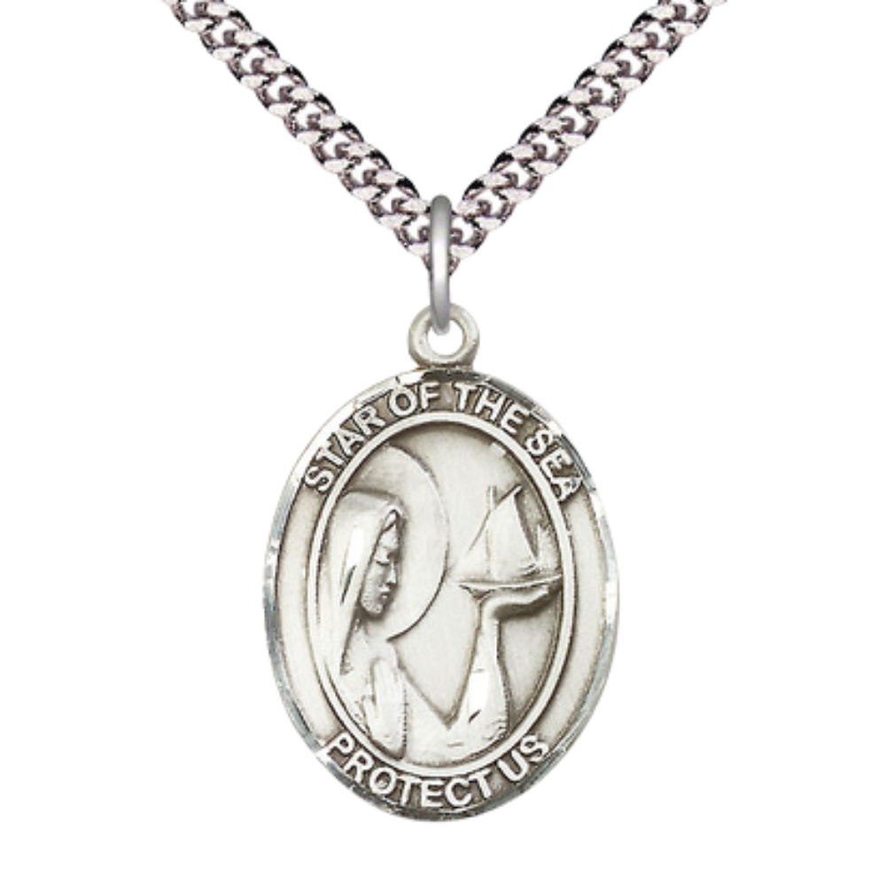 Our Lady Star of the Sea Medal Necklace – Men's Sterling Silver Pendant on 24” Light Rhodium Plated Heavy Curb Chain – Catholic Patron Saint of Sailors – Velvet Gift Box Included
