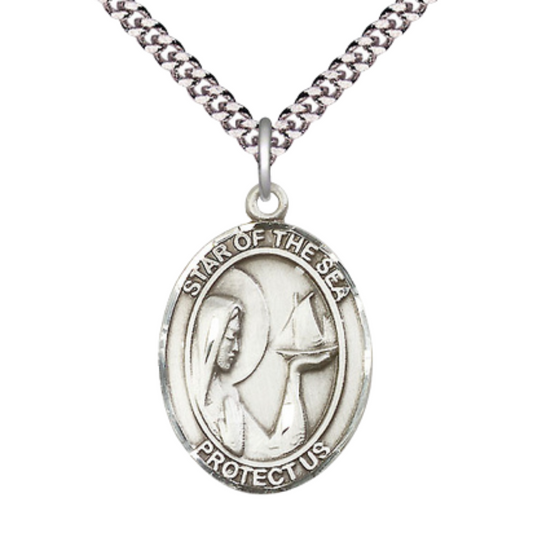 Our Lady Star of the Sea Medal Necklace – Men's Sterling Silver Pendant on 24” Light Rhodium Plated Heavy Curb Chain – Catholic Patron Saint of Sailors – Velvet Gift Box Included