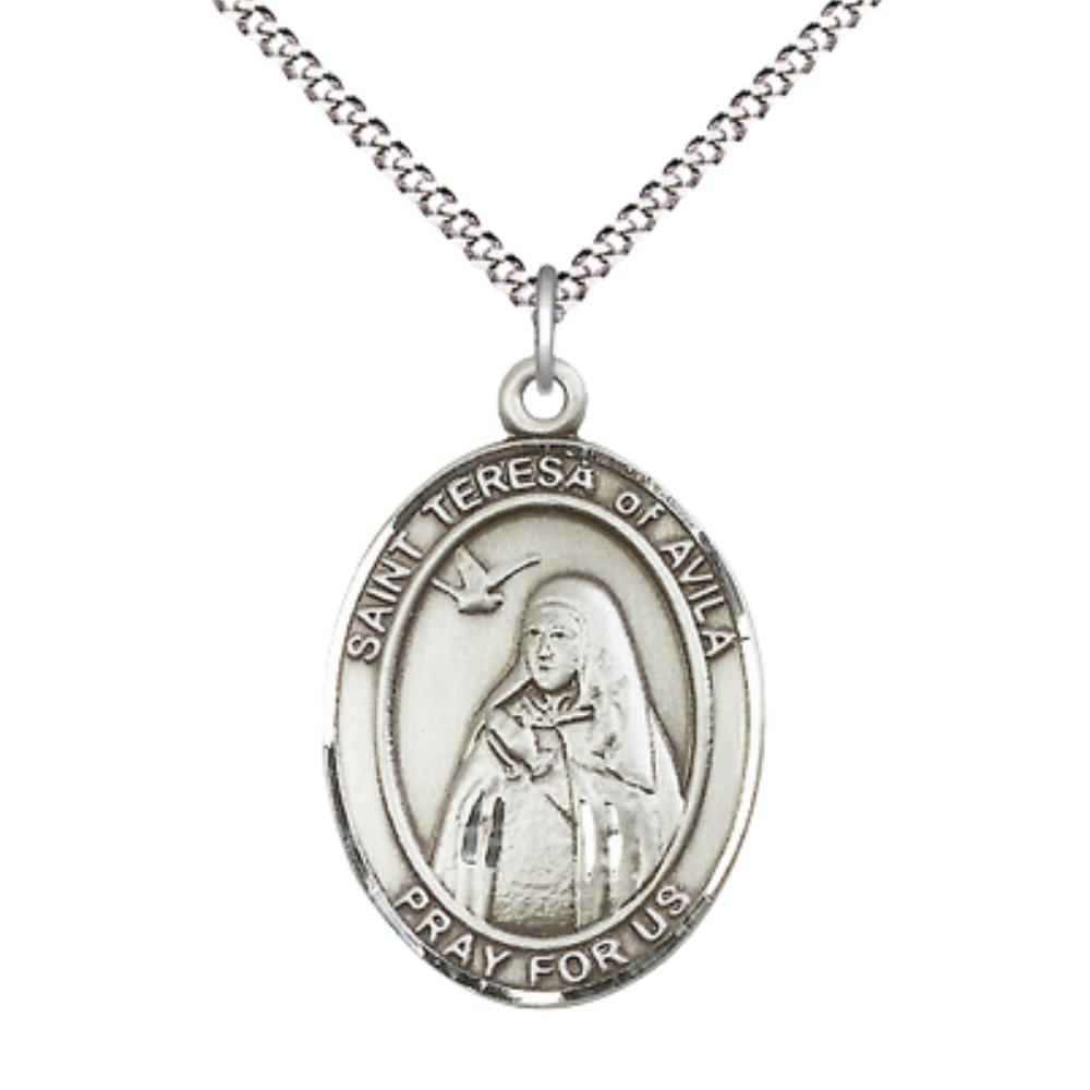 Women's Pewter Saint St. Teresa of Avila Medal Pendant on 18 Inch Rhodium Plated Lite Curb Brass Chain w/ Lobster Claw Clasp, Catholic Religious Necklace - Made in USA- Deluxe Velvet Gift Box