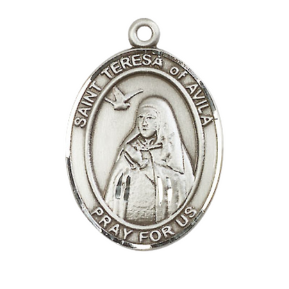 Women's Pewter Saint St. Teresa of Avila Medal Pendant on 18 Inch Rhodium Plated Lite Curb Brass Chain w/ Lobster Claw Clasp, Catholic Religious Necklace - Made in USA- Deluxe Velvet Gift Box