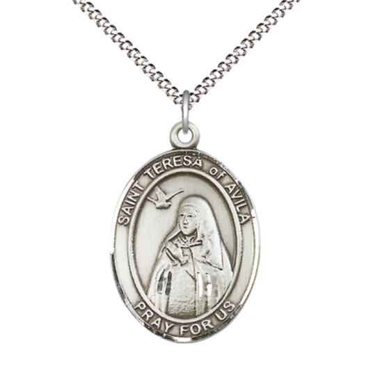 Women's .925 Sterling Silver Saint St. Teresa of Avila Medal Pendant on 18 Inch Rhodium Plated Lite Curb Brass Chain w/ Lobster Claw Clasp, Catholic Religious Necklace - Made in USA- Deluxe Velvet Gift Box
