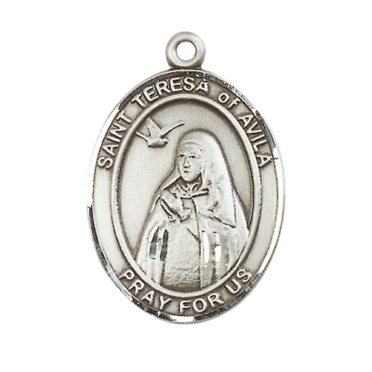 Mens .925 Sterling Silver Saint St. Teresa of Avila Medal Pendant on 24 Inch Rhodium Plated Heavy Curb Brass Chain with Lobster Claw clasp, Catholic Religious Necklace - Made in USA- Velvet Gift Box