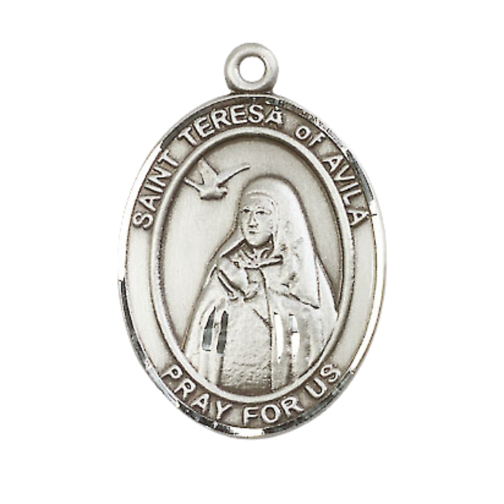 Saint Teresa of Avila Medal Necklace– Men's Pewter Pendant on 24” Light Endless Rhodium Plated Chain – Catholic Patron Saint of Headaches & Loss of Parents – Velvet Gift Box Included