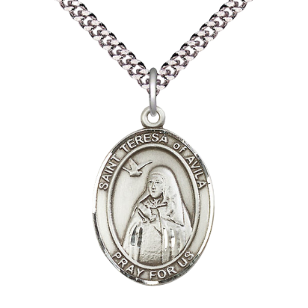 Saint Teresa of Avila Medal Necklace– Men's Sterling Silver Pendant on 24” Light Rhodium Plated Heavy Curb Chain – Catholic Patron Saint of Headaches & Loss of Parents – Velvet Gift Box Included