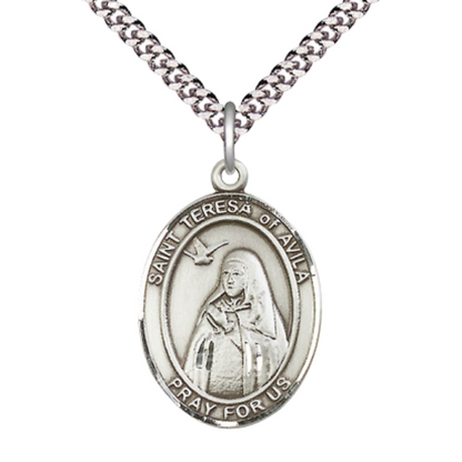 Saint Teresa of Avila Medal Necklace– Men's Sterling Silver Pendant on 24” Light Rhodium Plated Heavy Curb Chain – Catholic Patron Saint of Headaches & Loss of Parents – Velvet Gift Box Included