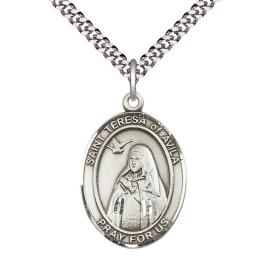 Saint Teresa of Avila Medal Necklace– Men's Sterling Silver Pendant on 24” Light Rhodium Plated Heavy Curb Chain – Catholic Patron Saint of Headaches & Loss of Parents – Velvet Gift Box Included