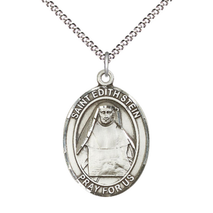 Women's .925 Sterling Silver Saint St. Edith Stein Medal Pendant on 18 Inch Rhodium Plated Lite Curb Brass Chain w/ Lobster Claw Clasp, Catholic Religious Necklace - Made in USA- Deluxe Velvet Gift Box