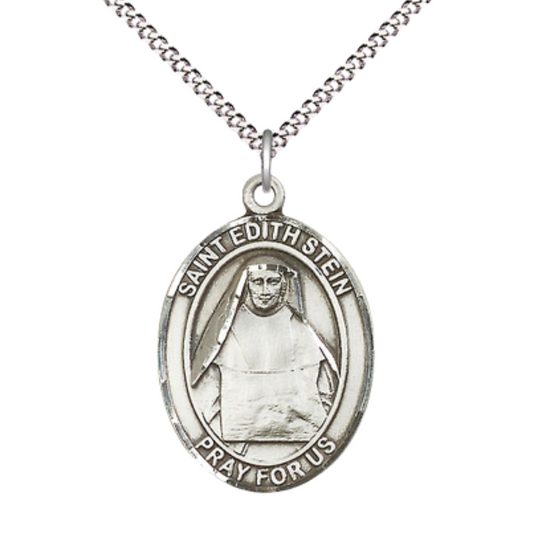 Women's .925 Sterling Silver Saint St. Edith Stein Medal Pendant on 18 Inch Rhodium Plated Lite Curb Brass Chain w/ Lobster Claw Clasp, Catholic Religious Necklace - Made in USA- Deluxe Velvet Gift Box