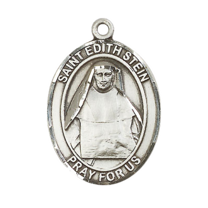 Mens 1 x 3/4" Oval Pewter Saint St. Edith Stein Medal Pendant on 24 Inch Rhodium Plated Heavy Curb Brass Chain with Lobster Claw clasp, Catholic Religious Necklace - Made in USA- Velvet Gift Box