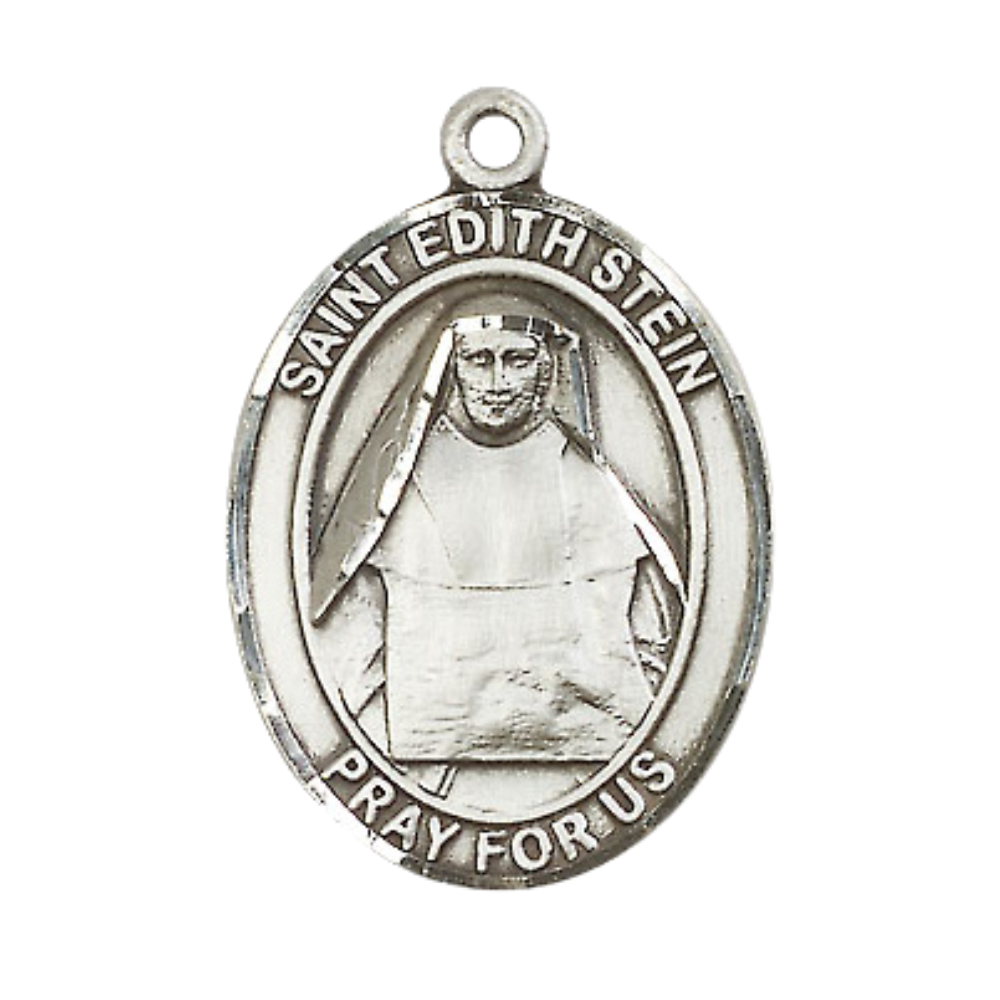 Saint St. Edith Stein Men's Medal Necklace – 24 Inch Endless Light Rhodium Plated Heavy Curb Chain – Patron Saint St. of Martyrs & Loss of Parents – Exquisite Catholic Religious Jewelry in Velvet Gift Box