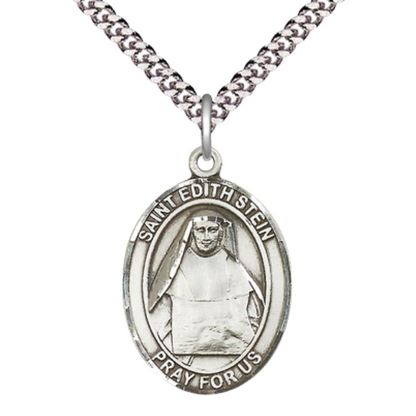 Saint Edith Stein Medal Necklace – 24" Endless Light Endless Rhodium Plated Chain – Patron Saint of Martyrs & Loss of Parents – Exquisite Religious Jewelry in Velvet Gift Box
