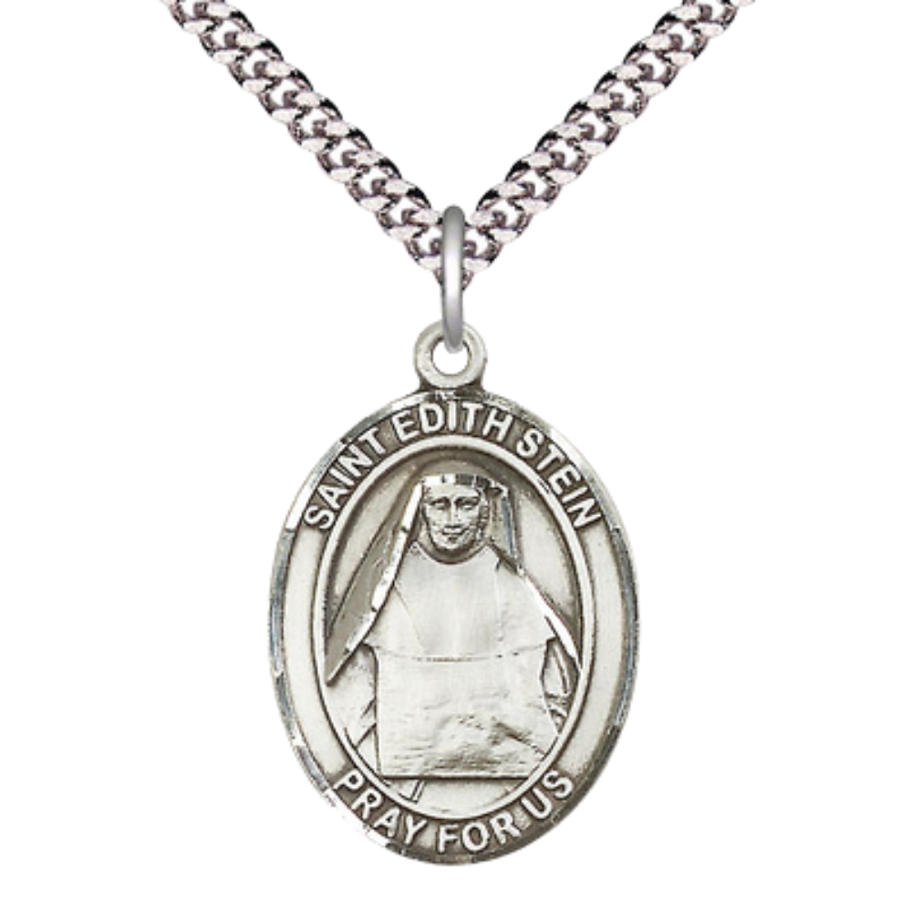 Mens 1 x 3/4" Oval Pewter Saint St. Edith Stein Medal Pendant on 24 Inch Rhodium Plated Heavy Curb Brass Chain with Lobster Claw clasp, Catholic Religious Necklace - Made in USA- Velvet Gift Box