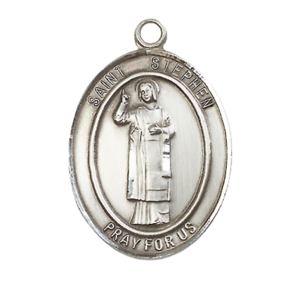 Women's Pewter Saint St. ephen the Martyr Medal Pendant on 18 Inch Rhodium Plated Lite Curb Brass Chain w/ Lobster Claw Clasp, Catholic Religious Necklace - Made in USA- Deluxe Velvet Gift Box