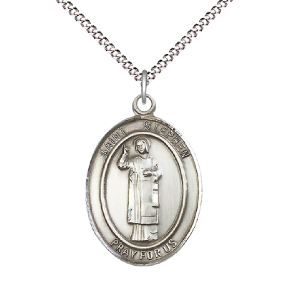 Women's Pewter Saint St. ephen the Martyr Medal Pendant on 18 Inch Rhodium Plated Lite Curb Brass Chain w/ Lobster Claw Clasp, Catholic Religious Necklace - Made in USA- Deluxe Velvet Gift Box