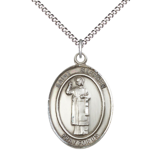 Women's Pewter Saint St. ephen the Martyr Medal Pendant on 18 Inch Rhodium Plated Lite Curb Brass Chain w/ Lobster Claw Clasp, Catholic Religious Necklace - Made in USA- Deluxe Velvet Gift Box