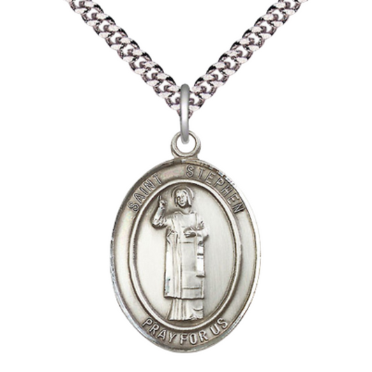 Mens Oval Pewter Saint St. Stephen the Martyr Medal Pendant on 24 Inch Rhodium Plated Heavy Curb Brass Chain with Lobster Claw clasp, Catholic Religious Necklace - Made in USA - Deluxe Velvet Gift Box