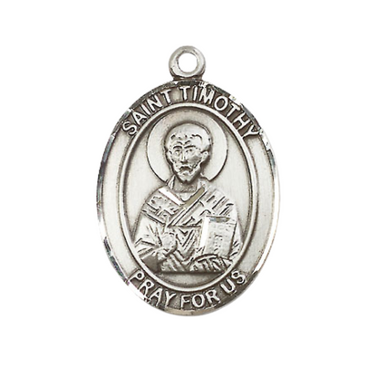 Women's Pewter Saint St. Timothy Medal Pendant on 18 Inch Rhodium Plated Lite Curb Brass Chain w/Lobster Claw Clasp, Catholic Religious Necklace - Made in USA- Deluxe Velvet Gift Box