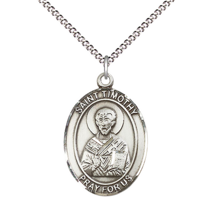 Women's .925 Sterling Silver Saint St. Timothy Medal Pendant on 18 Inch Rhodium Plated Lite Curb Brass Chain w/ Lobster Claw Clasp, Catholic Religious Necklace - Made in USA- Deluxe Velvet Gift Box