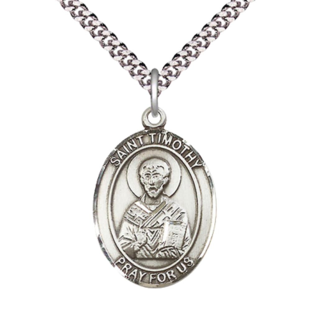 Mens 1 x 3/4" Oval Pewter Saint St. Timothy Medal Pendant on 24 Inch Rhodium Plated Heavy Curb Brass Chain with Lobster Claw clasp, Catholic Religious Necklace - Made in USA - Deluxe Velvet Gift Box