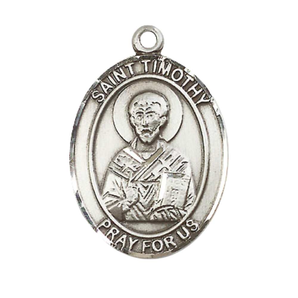 Mens 1 x 3/4" Oval Pewter Saint St. Timothy Medal Pendant on 24 Inch Rhodium Plated Heavy Curb Brass Chain with Lobster Claw clasp, Catholic Religious Necklace - Made in USA - Deluxe Velvet Gift Box