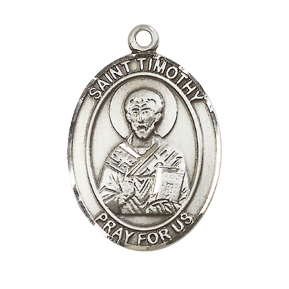 Saint St. Timothy Medal Necklace – Men's Pewter Pendant on 24 Inch Light Endless Rhodium Plated Chain – Catholic Patron Saint St. of Stomach Disorders – Velvet Gift Box Included