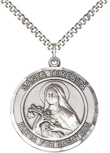 Spanish Script Women's .925 Sterling Silver Santa St. Teresita Medal Pendant on 18 Inch Rhodium Plated Lite Curb Brass Chain, Catholic Religious Necklace with Lobster Claw Clasp - Made in USA, in Deluxe Velvet Gift Box