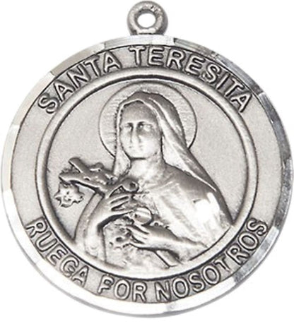 Spanish Script Women's .925 Sterling Silver Santa St. Teresita Medal Pendant on 18 Inch Rhodium Plated Lite Curb Brass Chain, Catholic Religious Necklace with Lobster Claw Clasp - Made in USA, in Deluxe Velvet Gift Box