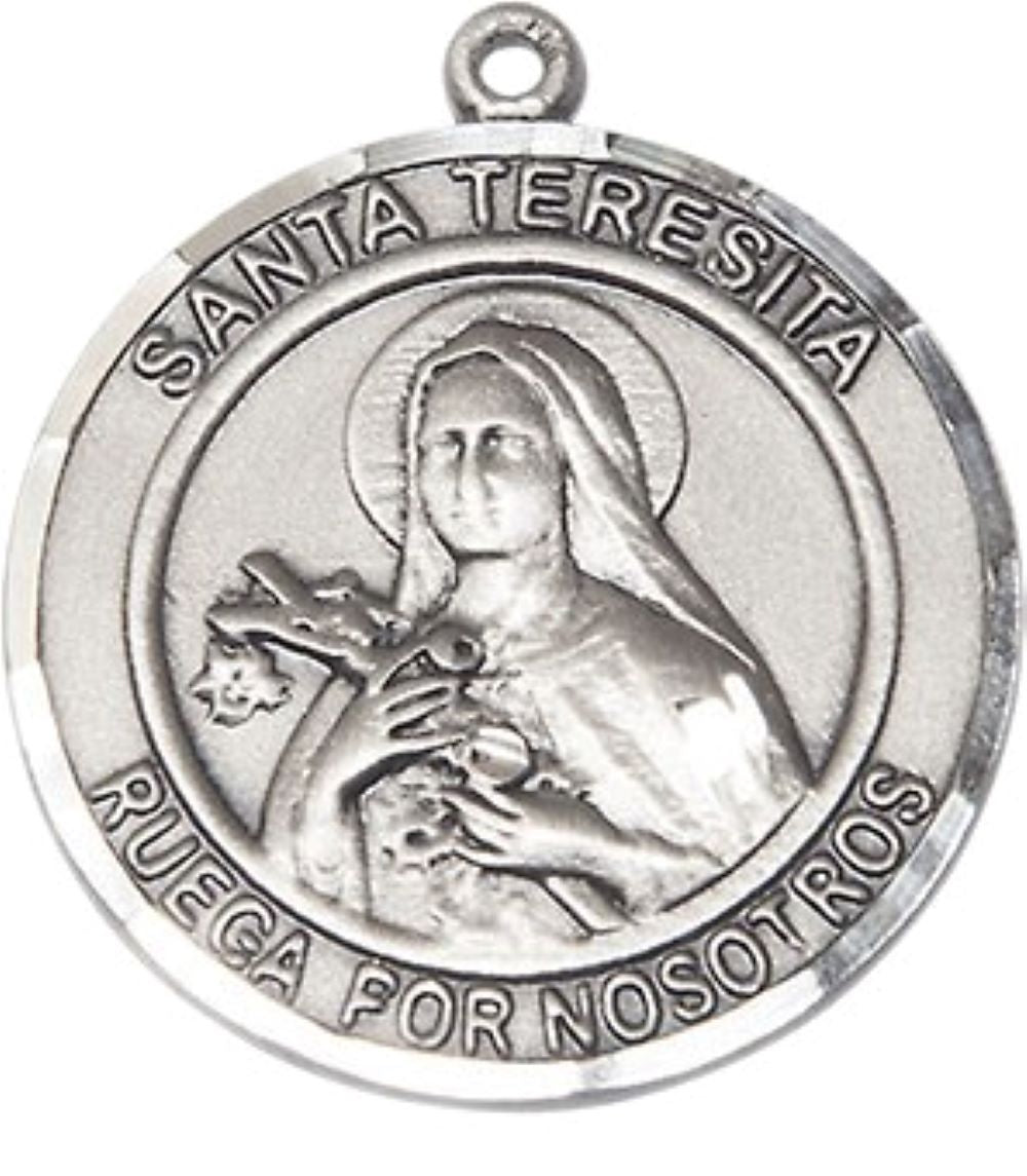 Spanish Script Women's Pewter Santa St. Teresita Medal Pendant on 18 Inch Rhodium Plated Lite Curb Brass Chain, Catholic Religious Necklace with Lobster Claw Clasp - Made in USA, Deluxe Velvet Gift Box