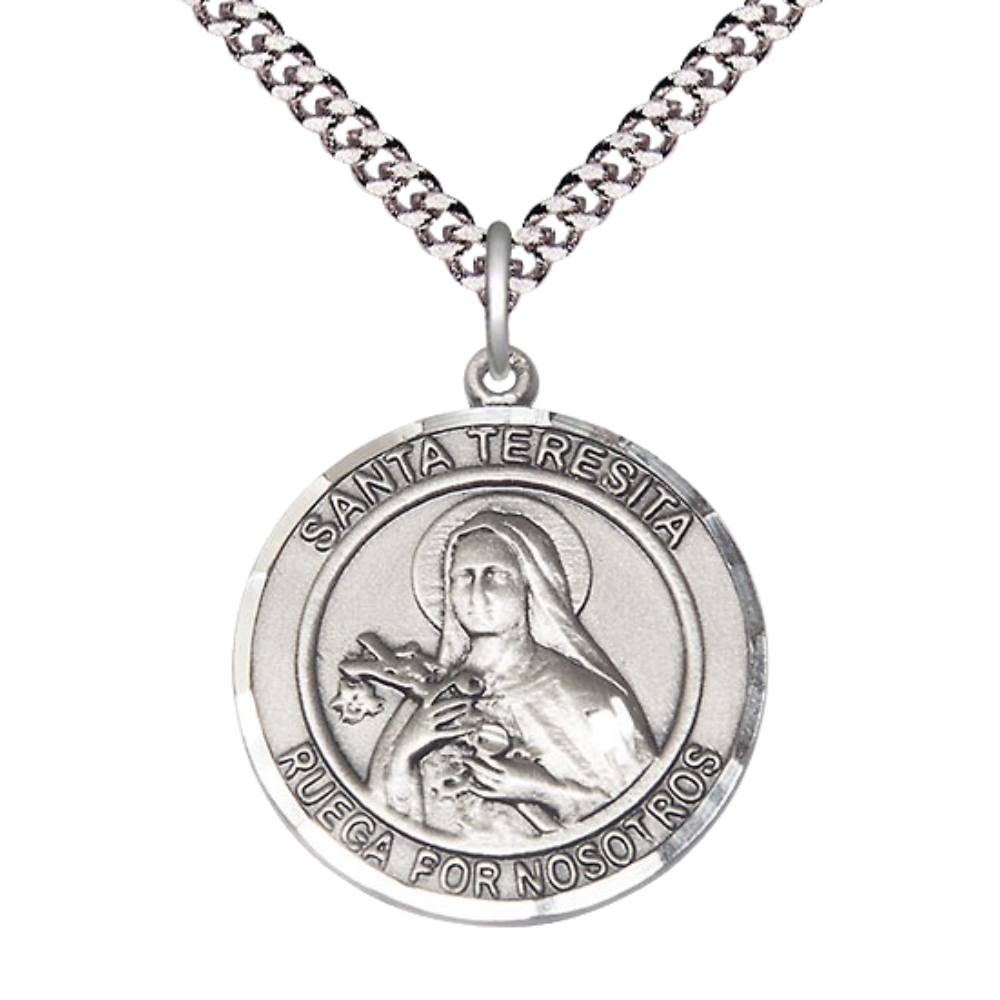 Mens Round .925 Sterling Silver Santa St. Teresita Medal Pendant on 24 Inch Rhodium Plated Heavy Curb Brass Chain with Lobster Claw clasp, Catholic Religious Necklace - Made in USA- Velvet Gift Box
