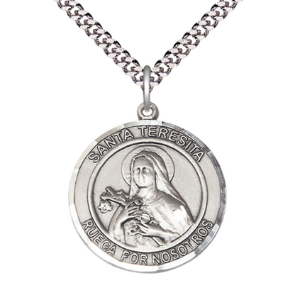 Mens Round .925 Sterling Silver Santa St. Teresita Medal Pendant on 24 Inch Rhodium Plated Heavy Curb Brass Chain with Lobster Claw clasp, Catholic Religious Necklace - Made in USA- Velvet Gift Box